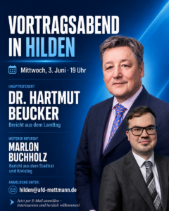 Mehr über den Artikel erfahren Kennenlern- und Vortragsabend AfD Hilden / 03.JUN / 19:00
