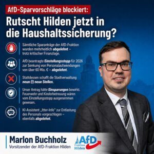 Mehr über den Artikel erfahren AfD‑Sparvorschläge blockiert: Rutscht Hilden jetzt in die Haushaltssicherung?