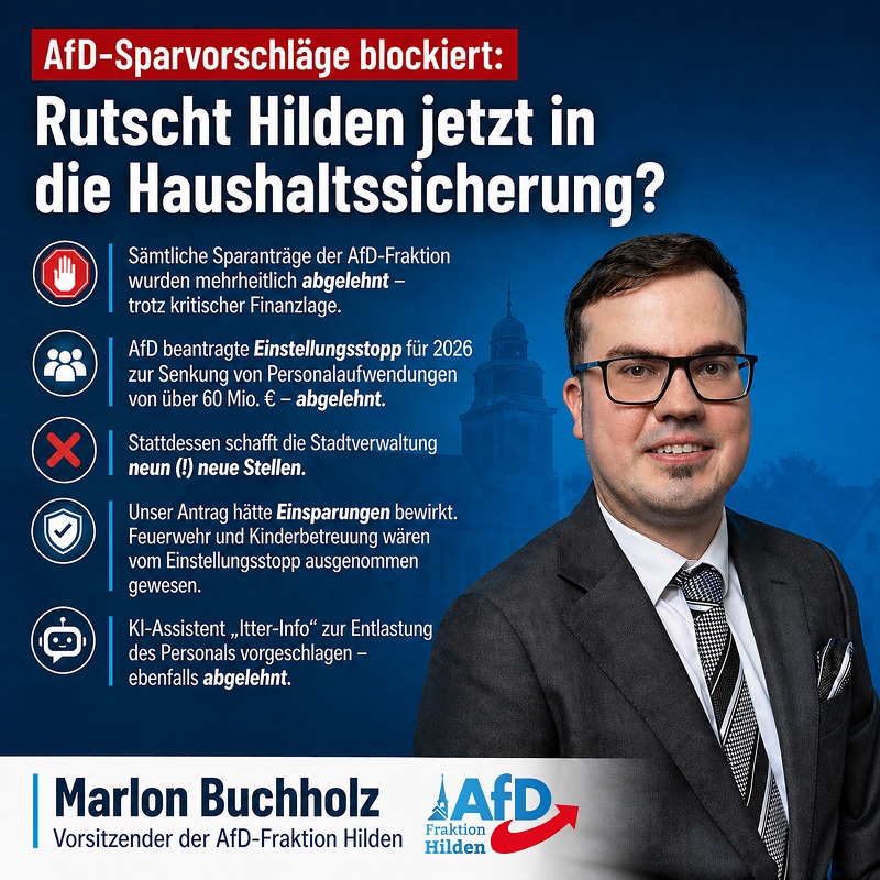 Mehr über den Artikel erfahren AfD‑Sparvorschläge blockiert: Rutscht Hilden jetzt in die Haushaltssicherung?