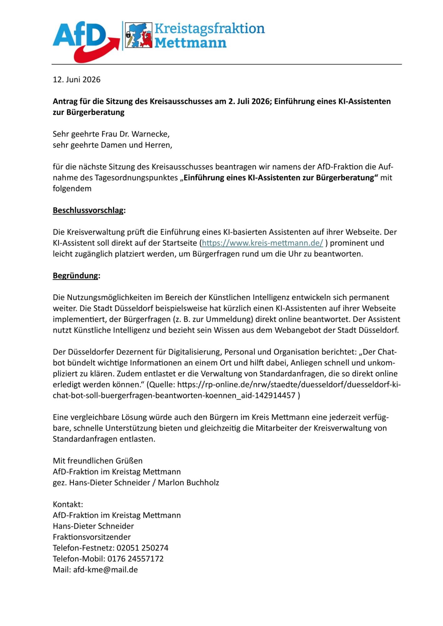 Du betrachtest gerade Antrag für die Sitzung des Kreisausschusses am 2. Juli 2026; Einführung eines KI-Assistenten zur Bürgerberatung