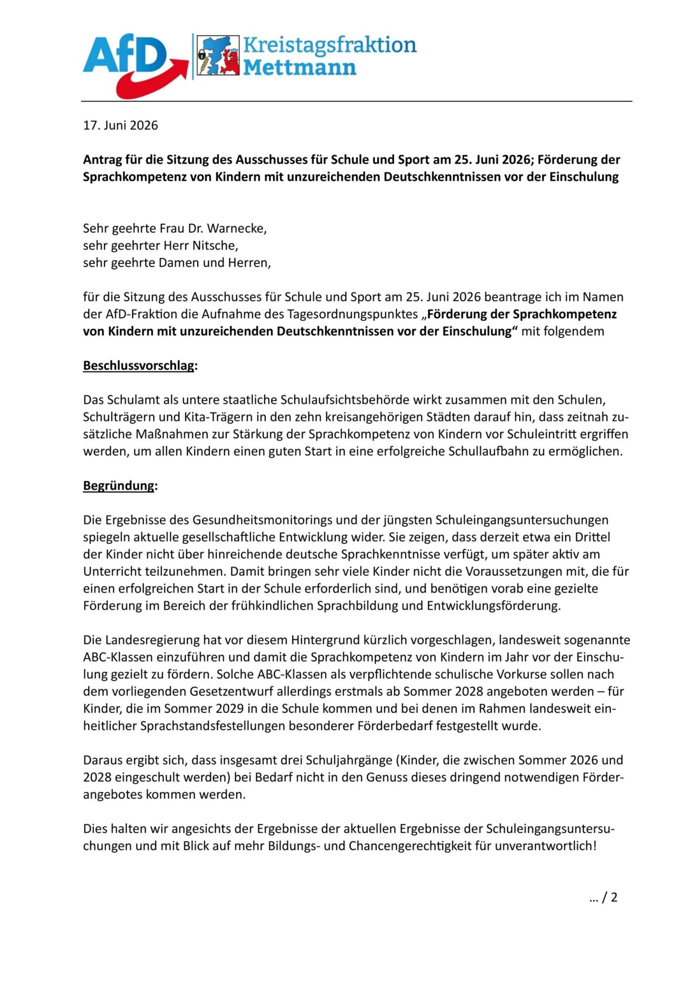 Mehr über den Artikel erfahren Antrag für die Sitzung des Ausschusses für Schule und Sport am 25. Juni 2026; Förderung der Sprachkompetenz von Kindern mit unzureichenden Deutschkenntnissen vor der Einschulung