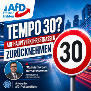 Mehr über den Artikel erfahren AfD-Fraktion Hilden beantragt Rücknahme von Tempo 30 auf Hauptverkehrsstraßen